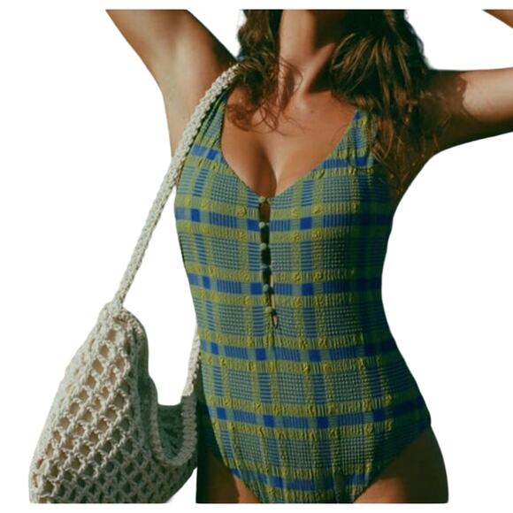 Andie Milos One Piece Plaid Green Yellow Blue Buttons Swimwear Size XS New - Picture 1 of 11
